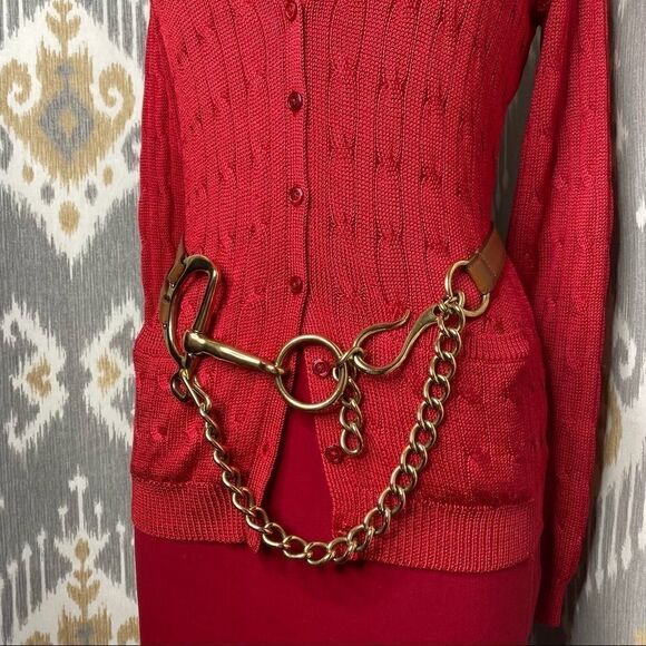 Ralph Lauren Red Tussah Silk Cable-Knit Cardigan Sweater - Picture 4 of 16